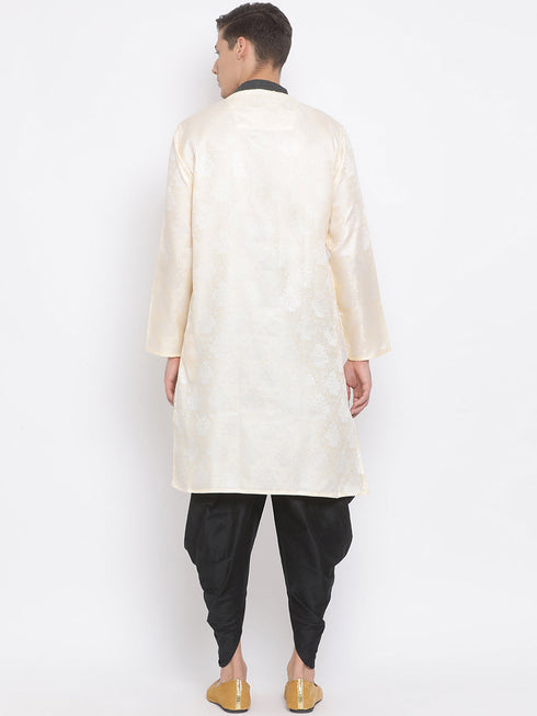 Vastramay Men's Gold Silk Blend Kurta and Black Dhoti Set